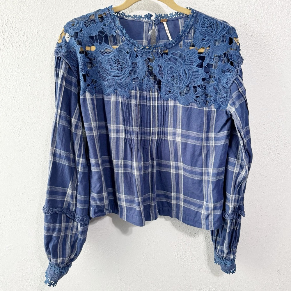 Free People blue plaid lace boho blouse size small